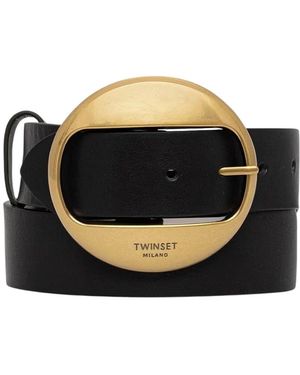 Twinset Accessoires ,Zwart ,Leer Leren Riem Met Ronde Gesp