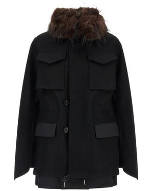 Sacai Wollmantel Mit Pelzeinsatz - Schwarz