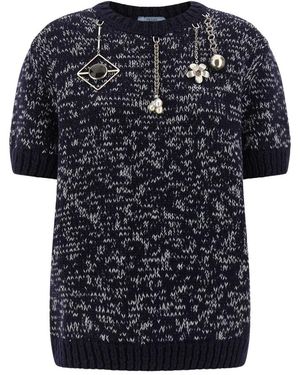 Prada Truien & Vesten ,Blauw ,Wol Wol Trui Met Ronde Hals En Hanger - Zwart