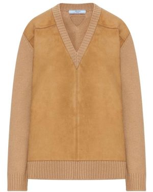 Prada Truien & Vesten ,Bruin ,Nylon V-Hals Trui - Naturel