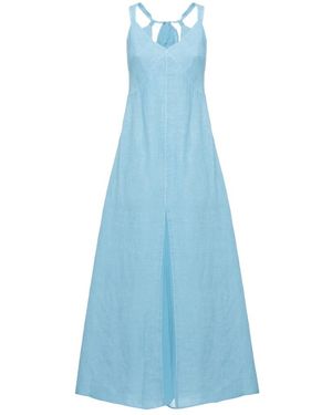 120% Lino V-Hals Uitlopende Linnen Midi Jurk - Blauw