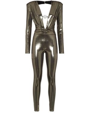 Philipp Plein Jumpsuits & Playsuits ,Geel ,Polyester Padded Shoulder Lamé Jumpsuit