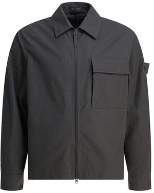 Stone Island Jassen ,Grijs ,Katoen Shirtjack Met Rits En Opgestikte Zakken