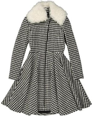 Giambattista Valli Houndstooth Flared Coat With Detachable Fur Collar - Grey