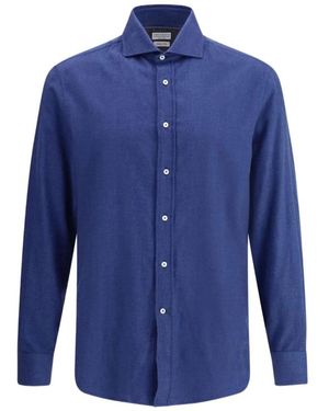 Brunello Cucinelli Overhemden ,Blauw ,Katoen Overhemd Van Visgraatkatoen En Lyocell-Blend