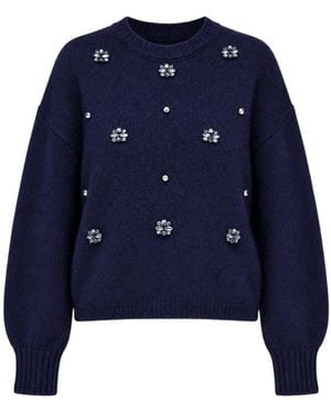 Nenette Truien & Vesten ,Blauw ,Wol Ronde Hals Trui Met Juwelen Applicaties