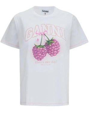 Ganni Tops ,Wit ,Katoen Basic Cotton Jersey Raspberry Print