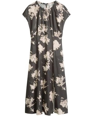 Marc O' Polo Bloemen Viscose Midi Jurk Met Gerimpelde Hals En Zijsplit - Zwart