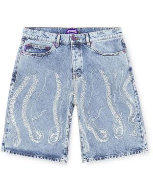Octopus Outline Loose Denim Shorts - Blau
