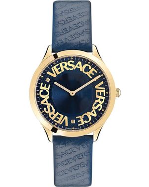 Versace Orologio in pelle blu con logo halo - Metallizzato