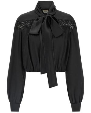 Saint Laurent Lace Lavallière Zijden Blouse - Zwart