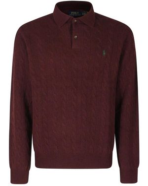 Polo Ralph Lauren Truien & Vesten ,Bruin ,Wol Pullover Van Scheerwol-Cashmere Met Kabelpatroon En Polokraag - Rood