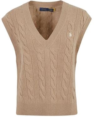 Ralph Lauren Truien & Vesten ,Bruin ,Wol Vest Met V-Hals En Kabelsteek - Naturel