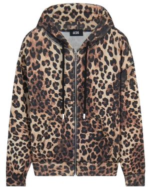 Gcds Hoodies & Sweatvesten ,Bruin ,Katoen Leopard Print Waffle Zip Hoodie - Zwart