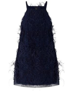Pinko Kleedjes ,Blauw ,Polyester Korte Geborduurde Jurk Met Veren En Parels