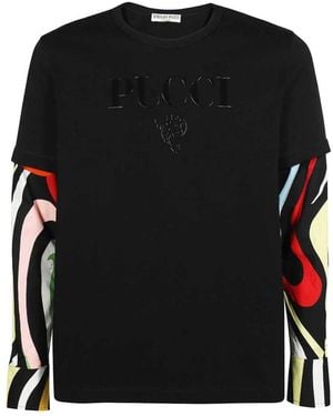 Emilio Pucci Kontrastärmel Logo Baumwoll T-Shirt - Schwarz