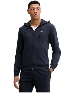 Emporio Armani Hoodies & Sweatvesten ,Blauw ,Katoen Hooded Zip-Up Jersey Sweatshirt Met Logotape