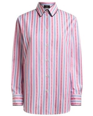 Etro Overhemden ,Veelkleurig ,Katoen Gestreepte Katoenen Blouse Met Paisley Detail - Roze