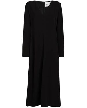 Jil Sander Midi Jurk Met V-Hals En Lange Mouwen - Zwart