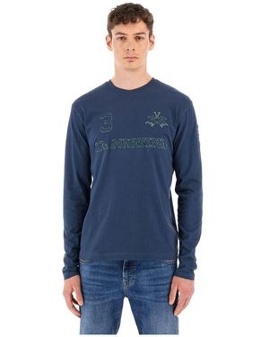 La Martina Besticktes Langarm-Baumwolltop - Blau