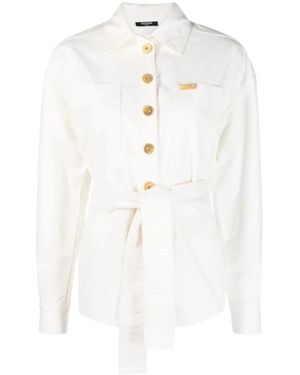 Balmain Logo-Plaque Denim Shirt Jacket - White