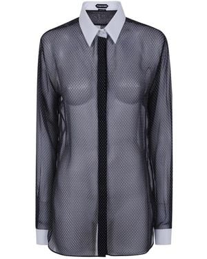 Tom Ford Overhemden ,Zwart ,Chiffon Bedrukt Overhemd Van Zijdechiffon Met Ruitmotief - Blauw