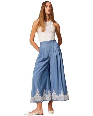 Twinset Broeken ,Blauw ,Palazzo Broek Met Kant En Riem