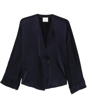 forte_forte Overhemden ,Blauw ,Satijn Camicia Incrociata Raso Seta Stretch Shiny