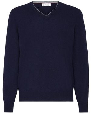 Brunello Cucinelli Navyblauer Kaschmir V-Ausschnitt Pullover