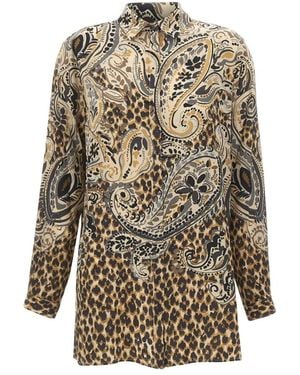 Etro Overhemden ,Veelkleurig ,Lange Zijden Blouse Met Geplaatste Luipaardprint - Naturel