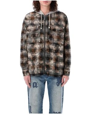 Palm Angels Gekrümmtes Logo Check Gepolstertes Overshirt Grau Off - Schwarz
