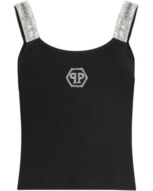 Philipp Plein Tops ,Zwart ,Katoen Rib Tank Top Strass Hexagon