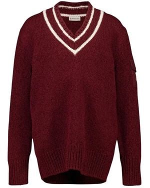 Moncler Wattierter Baumwoll- Und Wollmischpullover Mit V-Ausschnitt - Rot