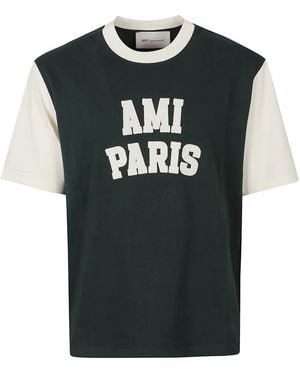 Ami Paris Tops ,Groen ,Katoen T-Shirt Met Geborduurd Viltlogo - Zwart