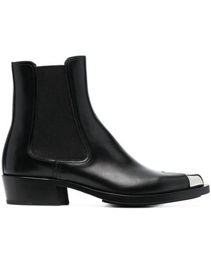 McQueen Pointed Leather Ankle Top Boots. - Black