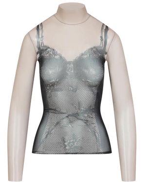 Balenciaga Printed Stretch Tulle Turtleneck Long-Sleeve Top - Grey