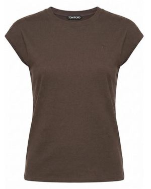 Tom Ford Tops ,Bruin ,Katoen Cotton Jersey T-Shirt Met Tonaal Tf Geborduurd Logo