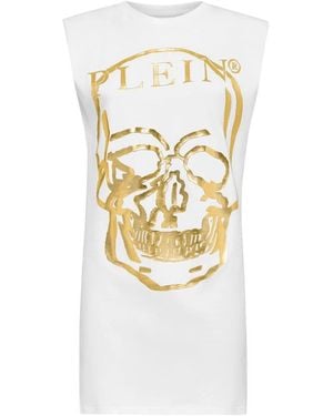 Philipp Plein Mouwloze Korte Jurk Skull And Plein Met Kristallen - Metallic