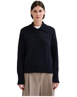 Roberto Collina Tops ,Blauw ,Wol Polo Met Ribboord - Zwart
