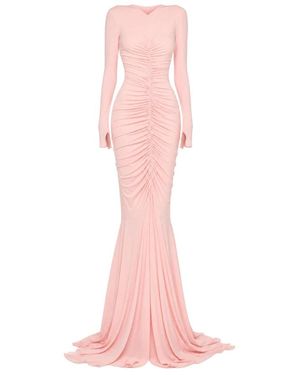 Norma Kamali Kleedjes ,Roze ,Lange Jurk Met V-Hals, Gerimpelde Voorkant En Fishtail-Zoom