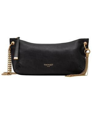 Twinset Tassen ,Zwart ,Leer Leren Hobo Tas Met Kwast