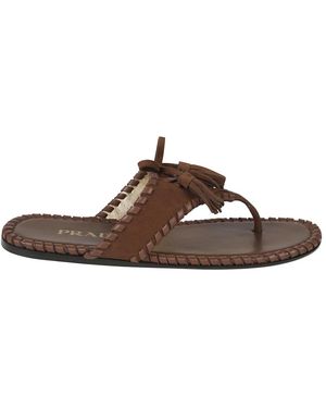 Prada Schoenen ,Bruin ,Leer Sandalen Met T-Band En Kwastjes