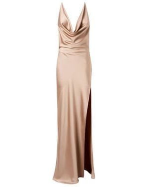 ANDAMANE Elegantes Satin V-Ausschnitt Langes Kleid - Natur