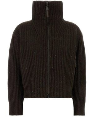Brunello Cucinelli Truien & Vesten ,Bruin ,Wol Ribbed Zip Sweater - Zwart