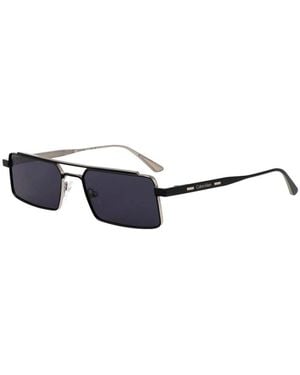 Calvin Klein Accessoires ,Zwart ,Rechthoekige Metalen Zonnebril - Blauw