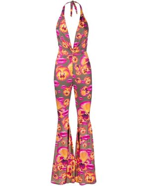 Amen Jumpsuits & Playsuits ,Groen ,Leer Jumpsuit Met Uitlopende Pijpen En Bloemenprint - Rood
