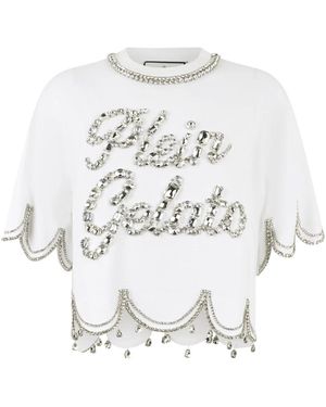 Philipp Plein Tops ,Wit ,Katoen Cropped T-Shirt Crystal Waves - Metallic