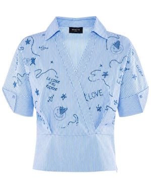 Nenette Gestreifte Bestickte Wickelbluse - Blau