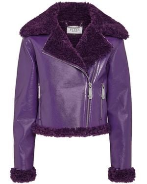 Philipp Plein Eco Shearling Kurze Bikerjacke Skull&Bones - Lila