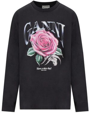 Ganni Rose Anthrazit Graues Langarm T-Shirt - Blau
